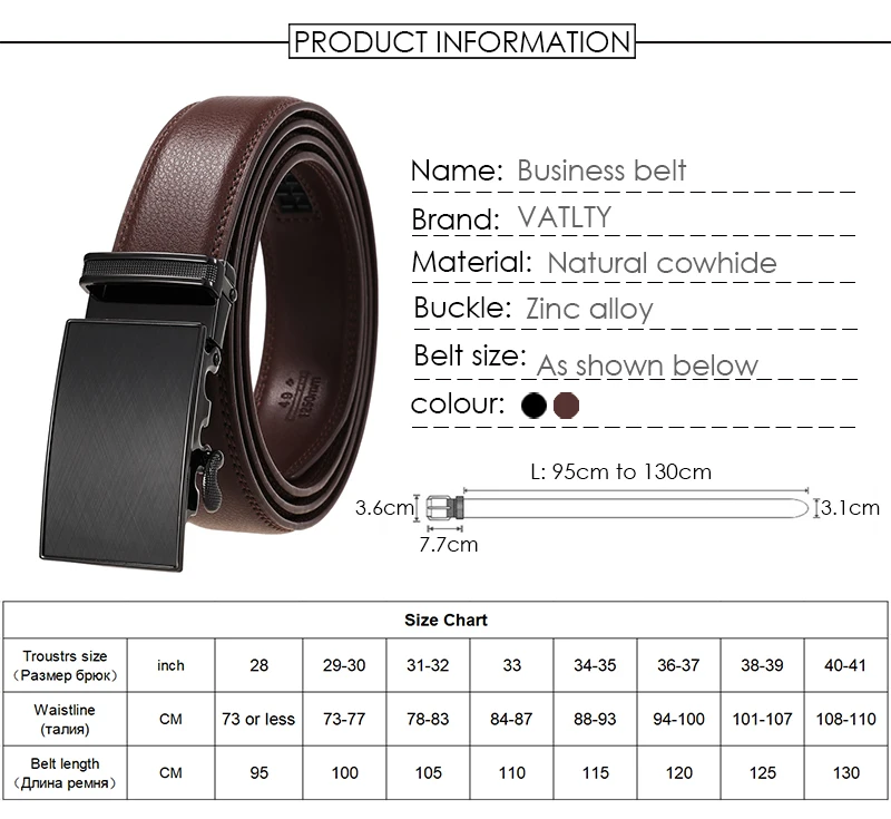 VATLTY Official Genuine Men's Leather Belt Hard Alloy Automatic Buckle Belt Male 30mm Natural Cowhide Non-porous Thin Belt