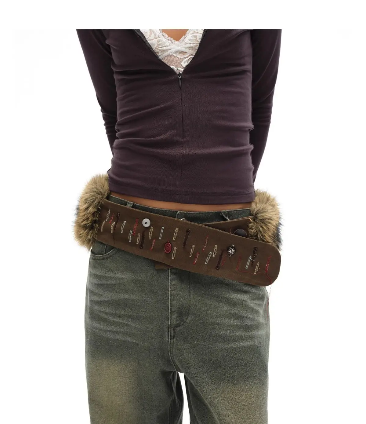 Vintage Brown Fur Belt Y2K Hook Furry Fur Belt Cowgirl Gothic Punk Sexy Belts Hip Hop Waistband Jeans Pants Decor