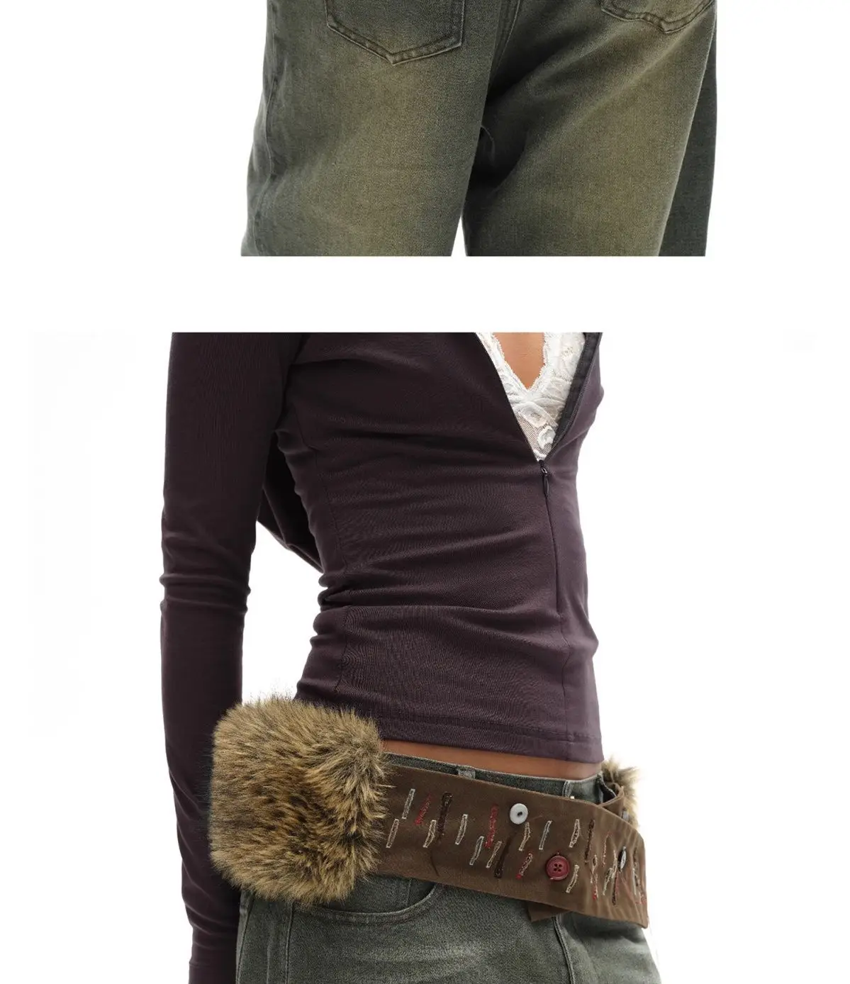 Vintage Brown Fur Belt Y2K Hook Furry Fur Belt Cowgirl Gothic Punk Sexy Belts Hip Hop Waistband Jeans Pants Decor