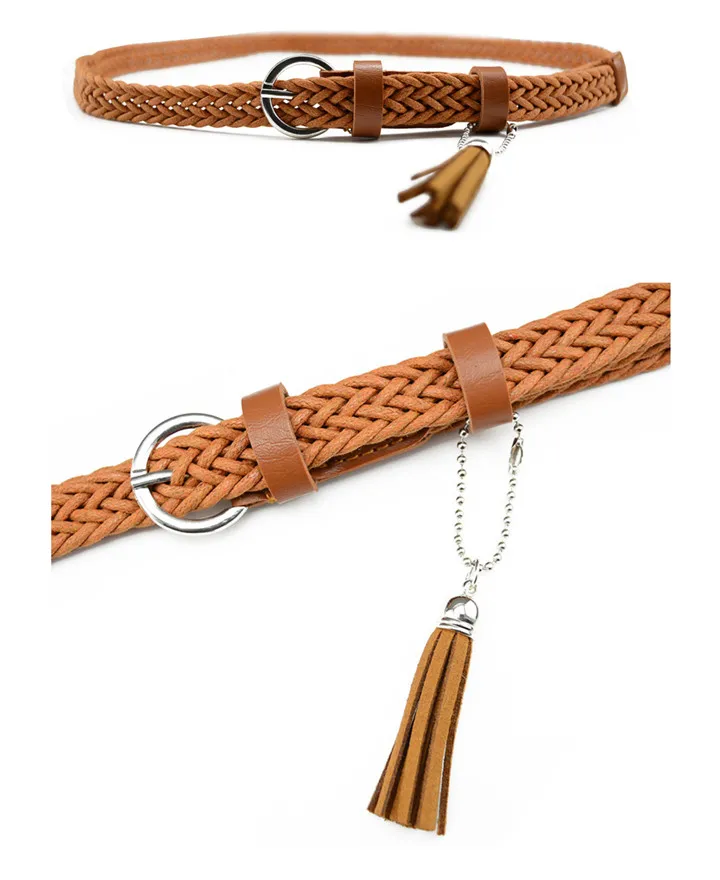Maikun Thin Belts for Women High Quality PU Leather Lady Belt Exquisite Braided Tassel Female Belt for Dress Jeans