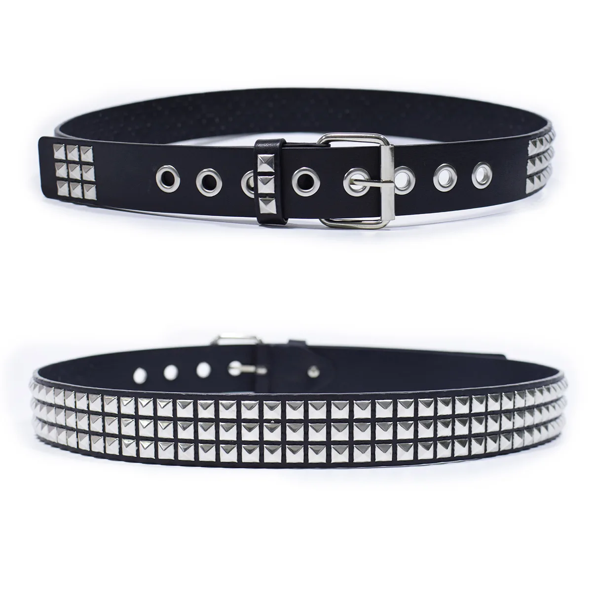 Punk Style Rivet Belt Set, Equipped with Stainless Steel Square Buckle, PU Panel Material, Male and Female Pyramid Rivet Belts