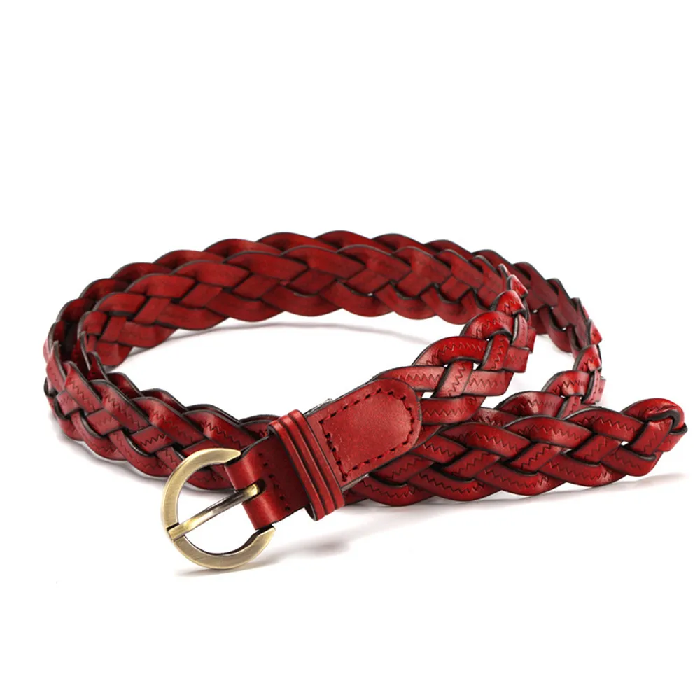 Women Leather Belt Waist Bands with Round Gold Buckle Braided Dress Belt Casual Thin Belt For Student Ladies Clothes Accessories