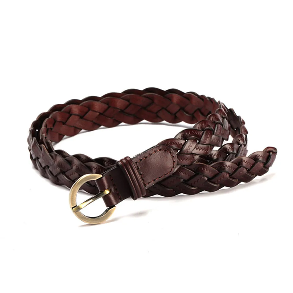Women Leather Belt Waist Bands with Round Gold Buckle Braided Dress Belt Casual Thin Belt For Student Ladies Clothes Accessories