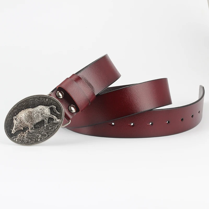 Genuine Leather male metal belt buckle fashion strap for men gift belt Wild boar pattern