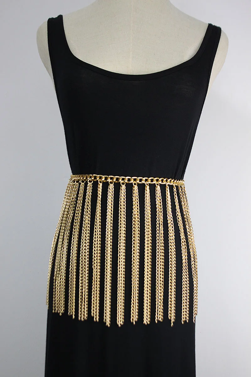2021 Luxury Wide Tassel Fringe Metal Waist Chain Gold Wide Waist Belt Female Night Club Body Chain European Ladies Belt Cinture