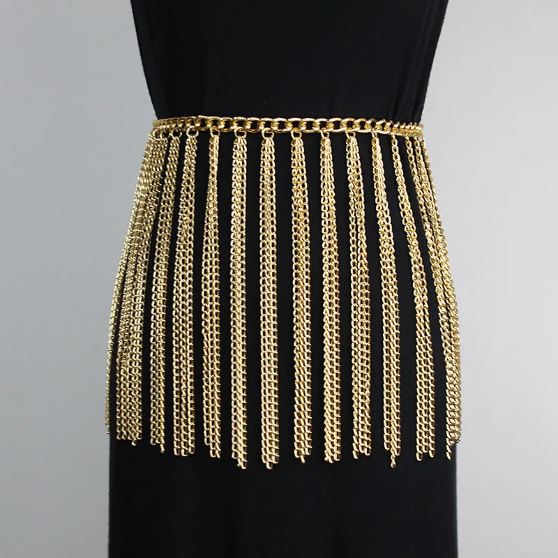 2021 Luxury Wide Tassel Fringe Metal Waist Chain Gold Wide Waist Belt Female Night Club Body Chain European Ladies Belt Cinture