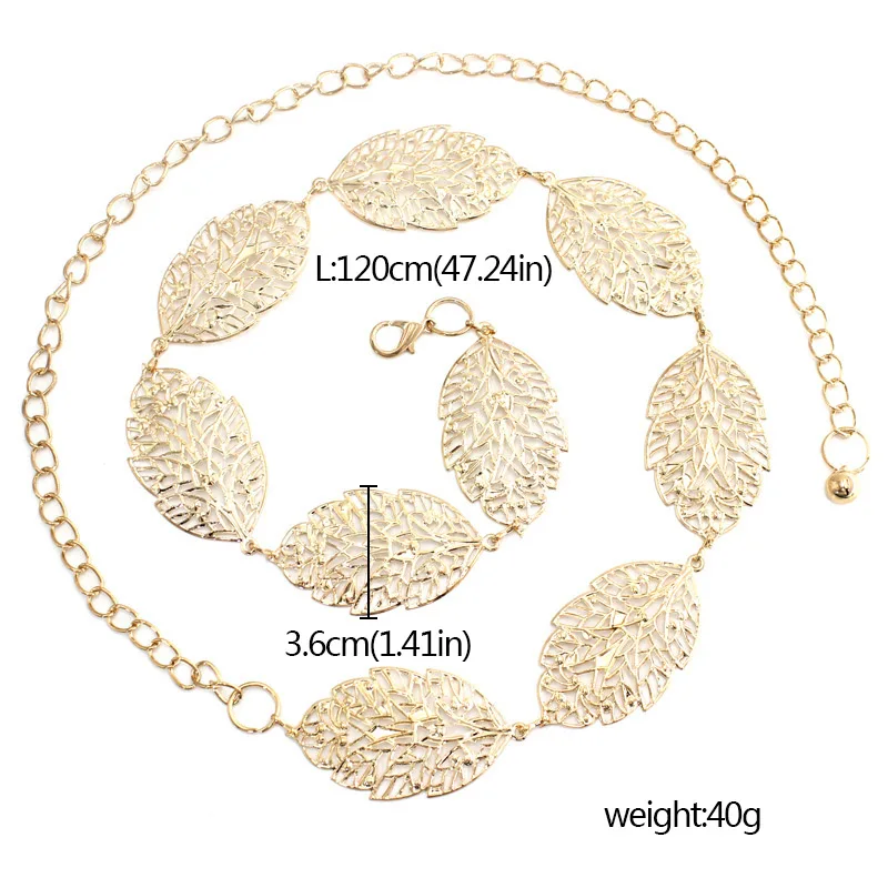 Fashion Metal Leaves Women Chain Belt Golden Sliver Long Waist Chain Ladies Dress Coat Decorative Waistband