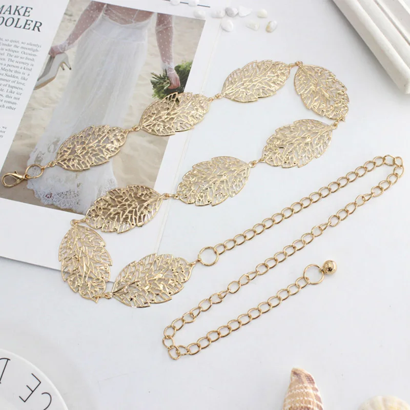 Fashion Metal Leaves Women Chain Belt Golden Sliver Long Waist Chain Ladies Dress Coat Decorative Waistband