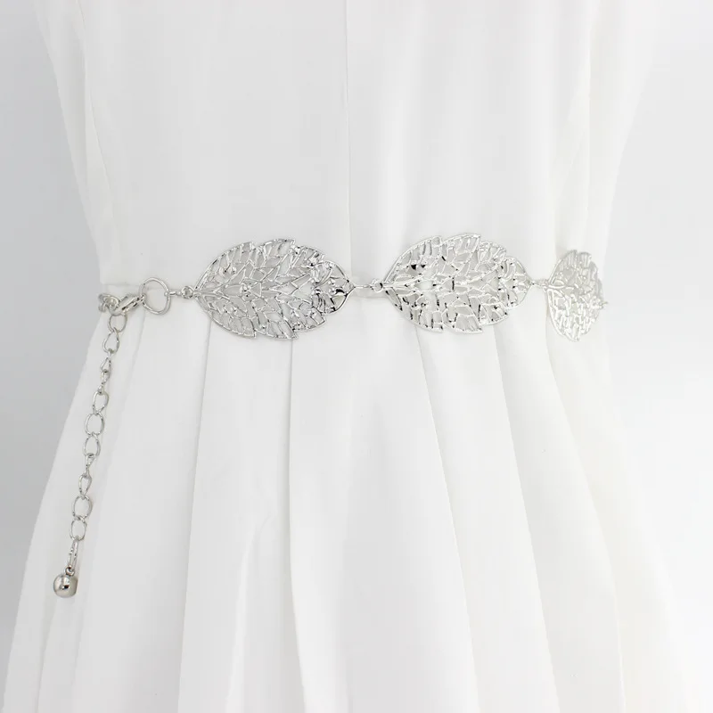 Fashion Metal Leaves Women Chain Belt Golden Sliver Long Waist Chain Ladies Dress Coat Decorative Waistband