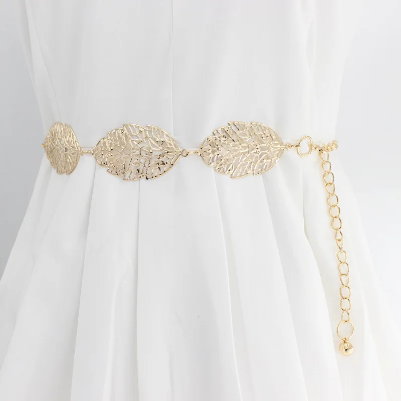 Fashion Metal Leaves Women Chain Belt Golden Sliver Long Waist Chain Ladies Dress Coat Decorative Waistband