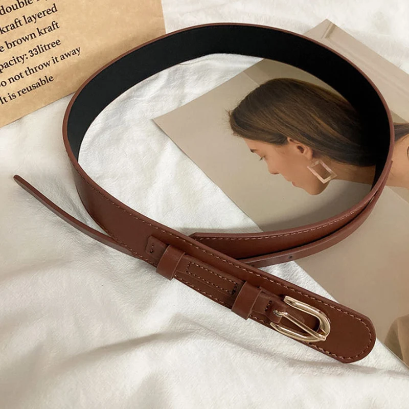 Women Wide Leather Belts Retro Metal Buckle Skinny Waistband Punk Female Lady Dress Coat Decorative Waist Straps