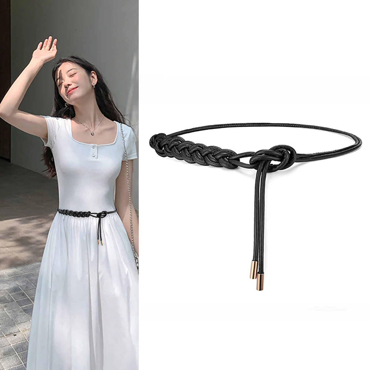 Women Knotted Long Belt Fashion Braided Leather Rope Thin Belt Female Dress Coat Decorative String Waistband