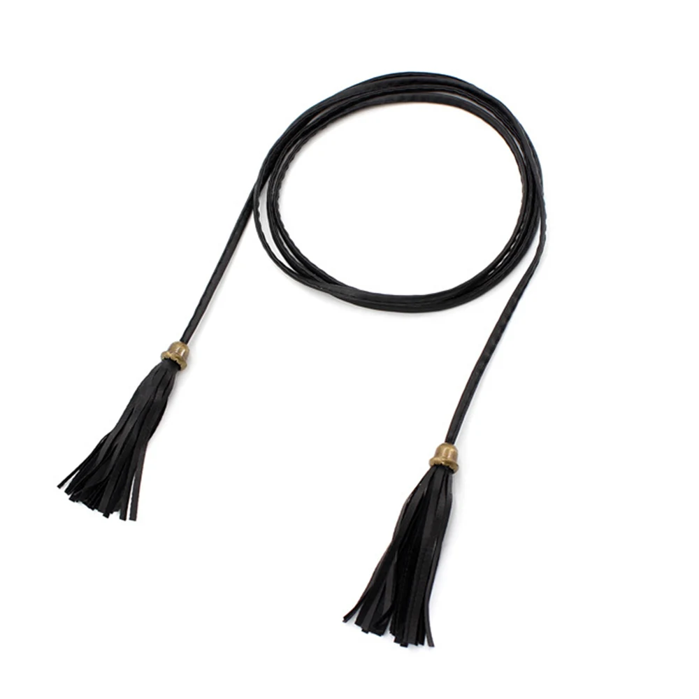 Women Long rope Waist Chain Belt Braided PU Leather Long Tassel Decoration Dress Waist Rope Knotted Skinny String Waistband