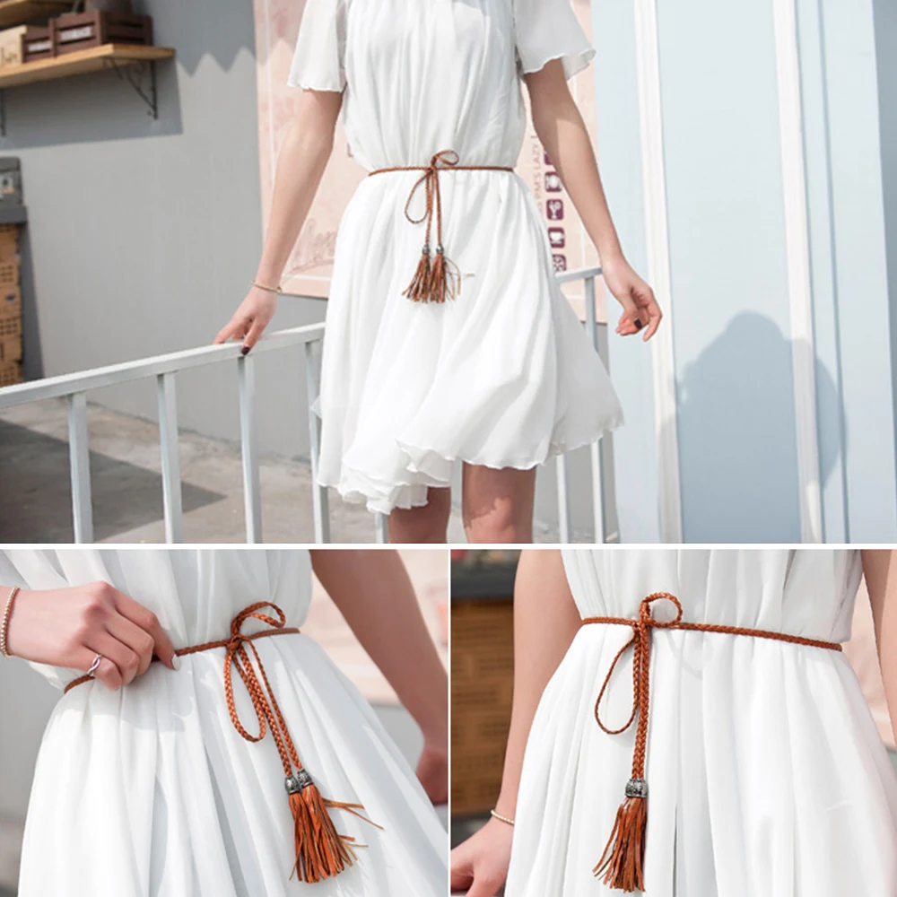 Women Long rope Waist Chain Belt Braided PU Leather Long Tassel Decoration Dress Waist Rope Knotted Skinny String Waistband