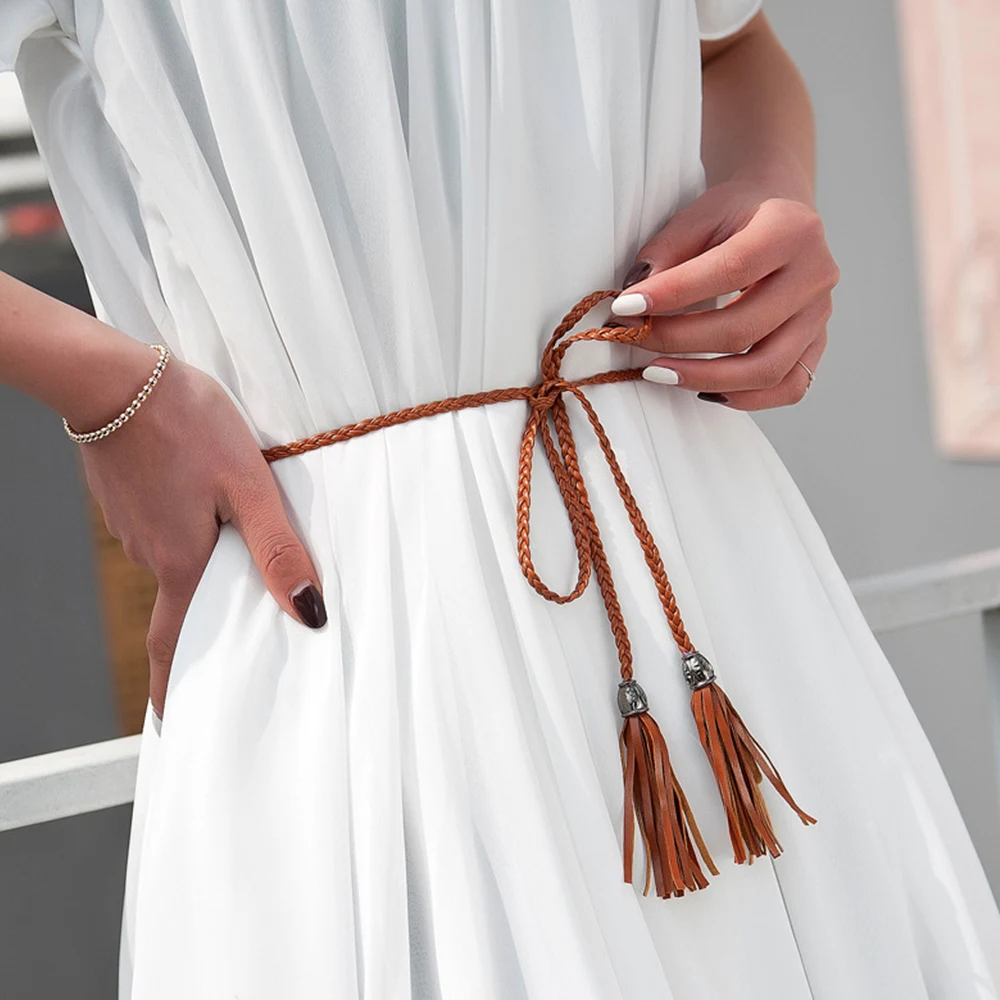 Women Long rope Waist Chain Belt Braided PU Leather Long Tassel Decoration Dress Waist Rope Knotted Skinny String Waistband