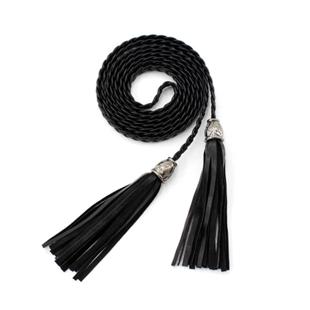 Women Long rope Waist Chain Belt Braided PU Leather Long Tassel Decoration Dress Waist Rope Knotted Skinny String Waistband