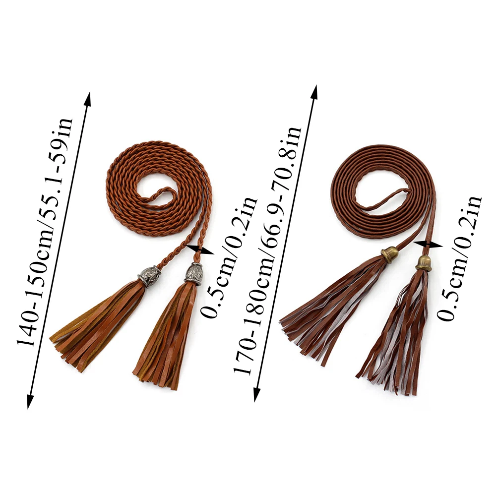 Women Long rope Waist Chain Belt Braided PU Leather Long Tassel Decoration Dress Waist Rope Knotted Skinny String Waistband
