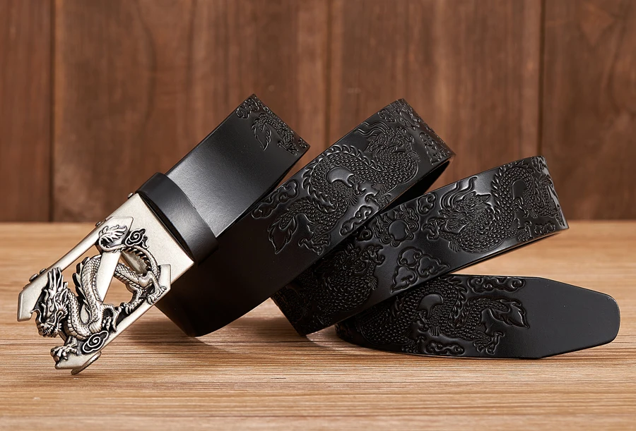 Male Genuine Leather Belts Casual Ratchet Belt with Automatic Buckle Luxury Design Dragon Pattern Belts for Business Men Strap