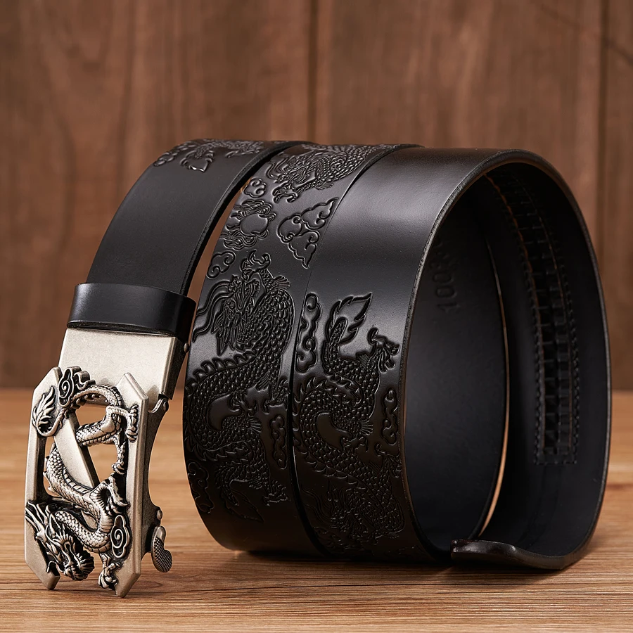 Male Genuine Leather Belts Casual Ratchet Belt with Automatic Buckle Luxury Design Dragon Pattern Belts for Business Men Strap