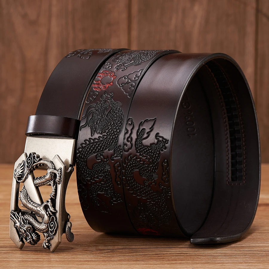 Male Genuine Leather Belts Casual Ratchet Belt with Automatic Buckle Luxury Design Dragon Pattern Belts for Business Men Strap