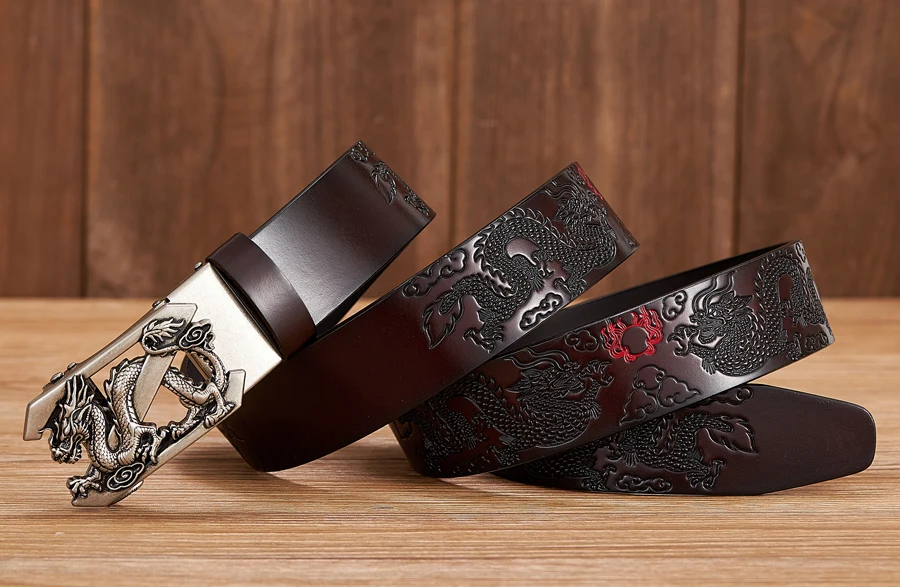 Male Genuine Leather Belts Casual Ratchet Belt with Automatic Buckle Luxury Design Dragon Pattern Belts for Business Men Strap