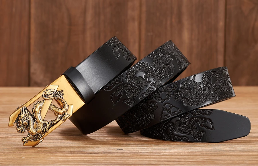 Male Genuine Leather Belts Casual Ratchet Belt with Automatic Buckle Luxury Design Dragon Pattern Belts for Business Men Strap