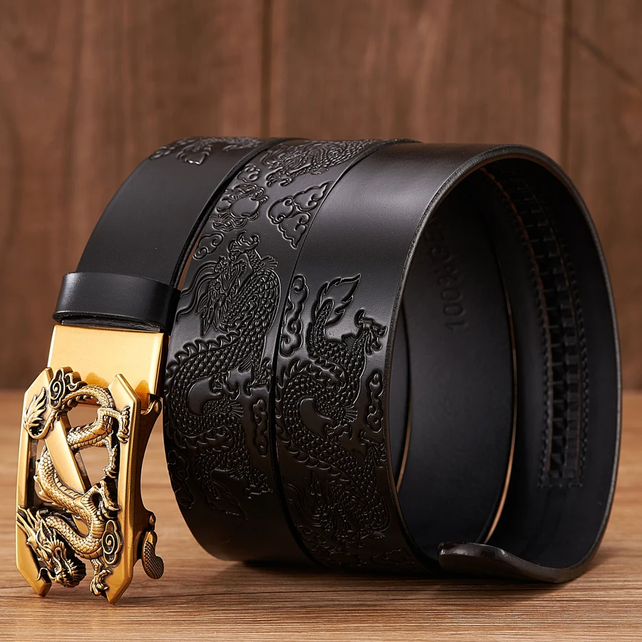 Male Genuine Leather Belts Casual Ratchet Belt with Automatic Buckle Luxury Design Dragon Pattern Belts for Business Men Strap