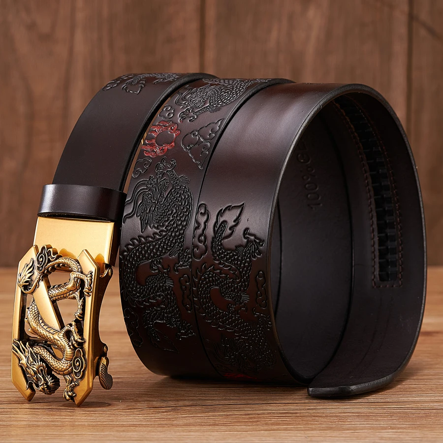 Male Genuine Leather Belts Casual Ratchet Belt with Automatic Buckle Luxury Design Dragon Pattern Belts for Business Men Strap