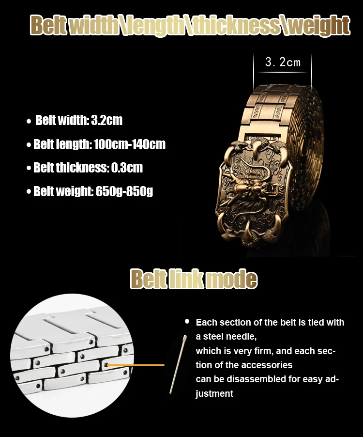 Men's belt Stainless steel Belt Retro Dragon metal Belt Gold Color Charm Belt Hip Hop Punk Strap self-defense luxury Belt male