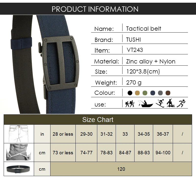 VATLTY 2024 Men's Tactical Belt Zinc Alloy Automatic Buckle Sturdy Nylon Police Duty Military Gun Belt Blue Casual Belt Male