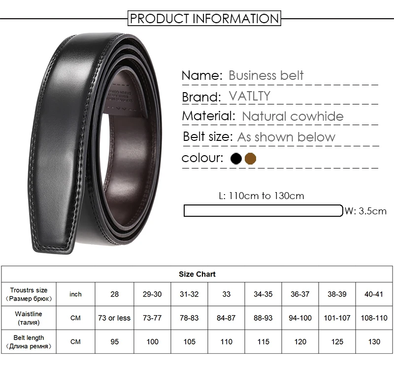 VATLTY 2021 No Buckle Leather Belt for Men 3.5cm Natural Cowhide Trouser Belt Non-porous Black Belt Girdles Male Gifts
