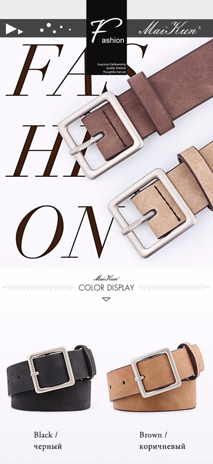 MaiKun Women Leather Belts for Jeans Luxury brand Designer Belts Female Square Metal Pin Buckle Belt