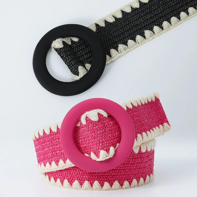 Women Fashion Belt Straw Woven Elastic Wide Strap with Matching Round Buckle