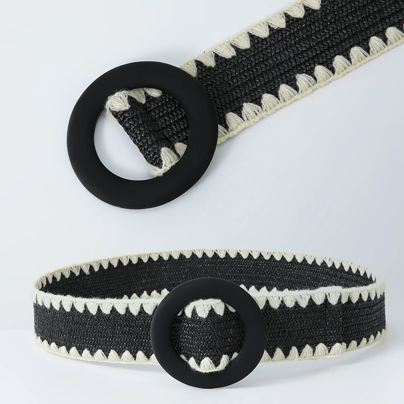 Women Fashion Belt Straw Woven Elastic Wide Strap with Matching Round Buckle