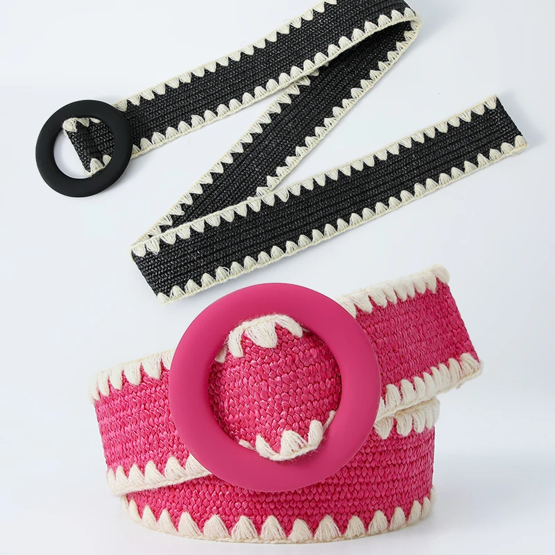 Women Fashion Belt Straw Woven Elastic Wide Strap with Matching Round Buckle