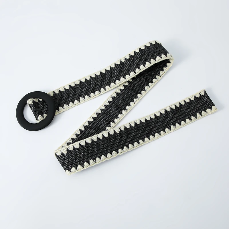 Women Fashion Belt Straw Woven Elastic Wide Strap with Matching Round Buckle