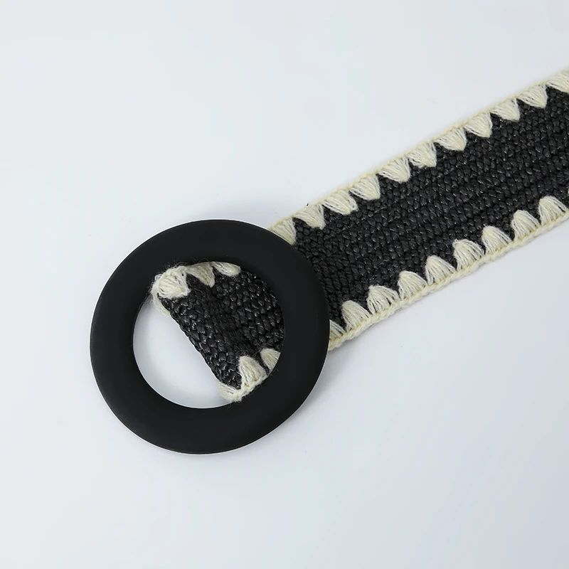 Women Fashion Belt Straw Woven Elastic Wide Strap with Matching Round Buckle