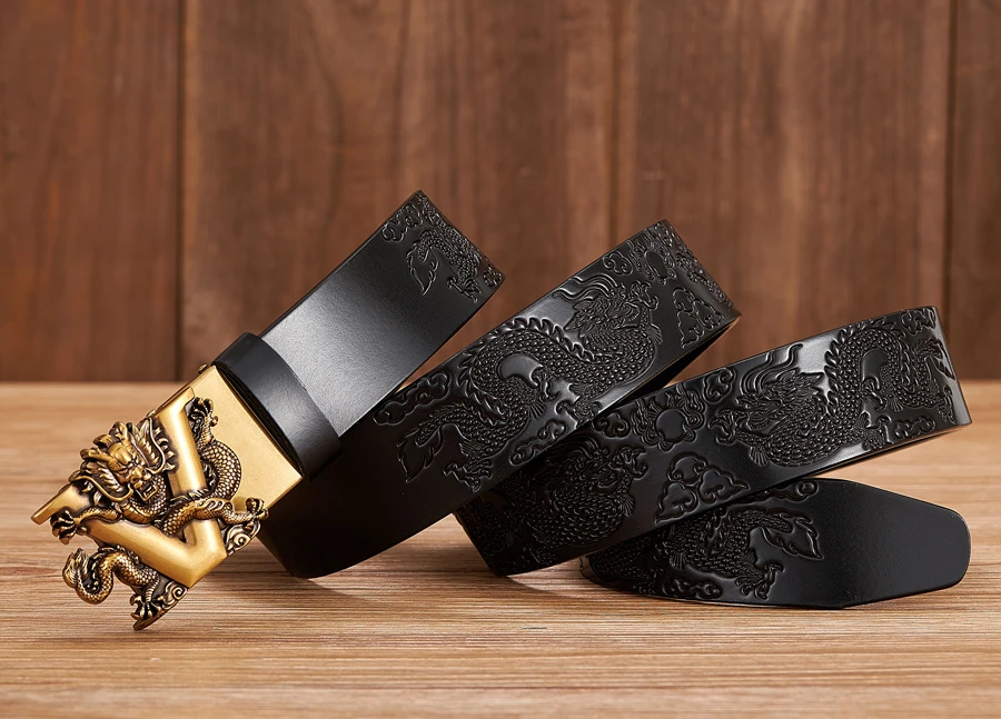 Male Chinese Dragon Belt Cowskin Genuine Leather Belt for Men Carving Dragon Pattern Automatic Buckle Belt Strap