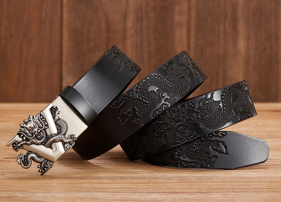 Male Chinese Dragon Belt Cowskin Genuine Leather Belt for Men Carving Dragon Pattern Automatic Buckle Belt Strap