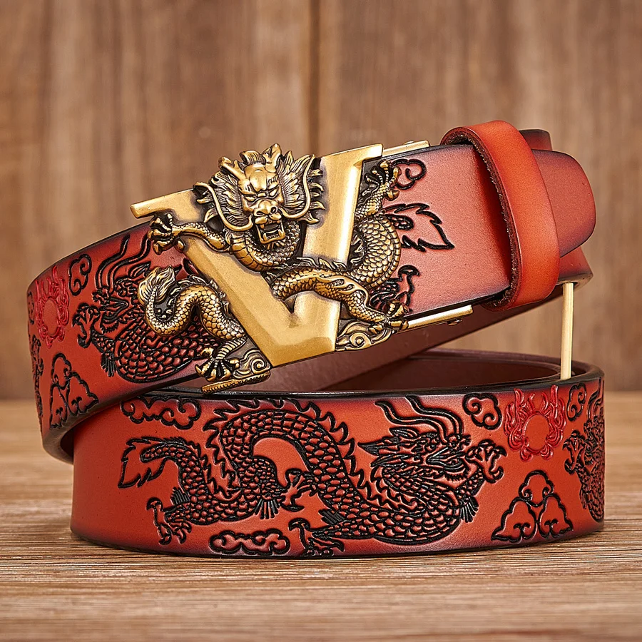Male Chinese Dragon Belt Cowskin Genuine Leather Belt for Men Carving Dragon Pattern Automatic Buckle Belt Strap