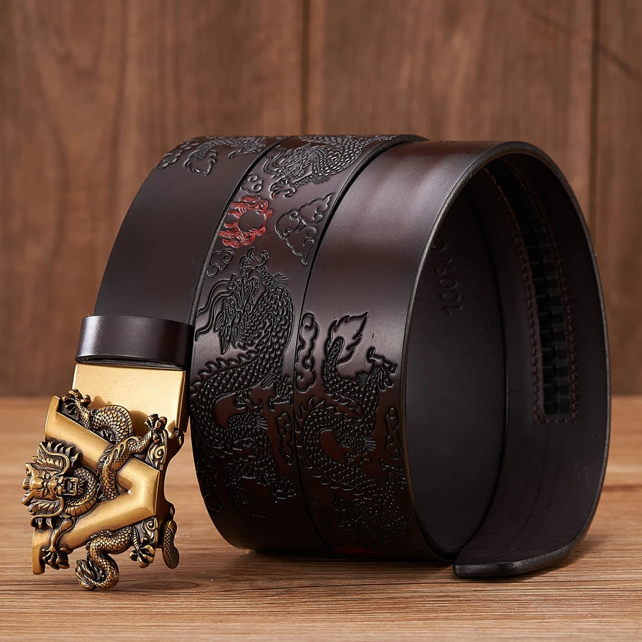 Male Chinese Dragon Belt Cowskin Genuine Leather Belt for Men Carving Dragon Pattern Automatic Buckle Belt Strap
