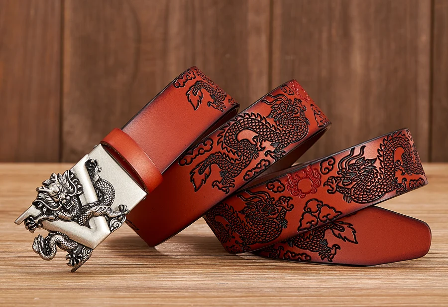 Male Chinese Dragon Belt Cowskin Genuine Leather Belt for Men Carving Dragon Pattern Automatic Buckle Belt Strap