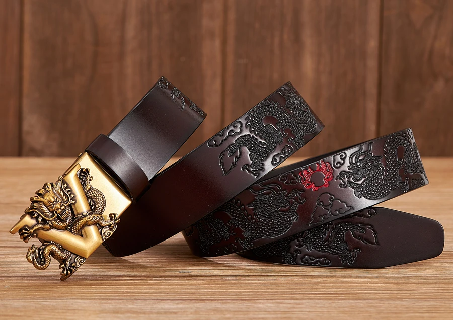 Male Chinese Dragon Belt Cowskin Genuine Leather Belt for Men Carving Dragon Pattern Automatic Buckle Belt Strap