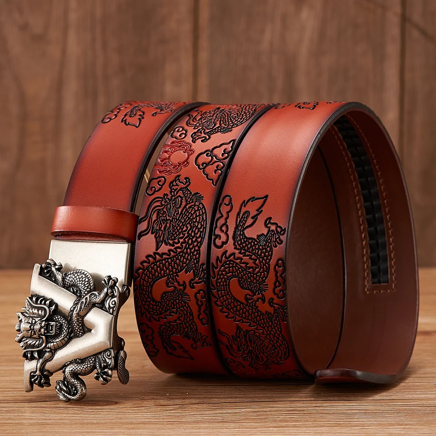 Male Chinese Dragon Belt Cowskin Genuine Leather Belt for Men Carving Dragon Pattern Automatic Buckle Belt Strap