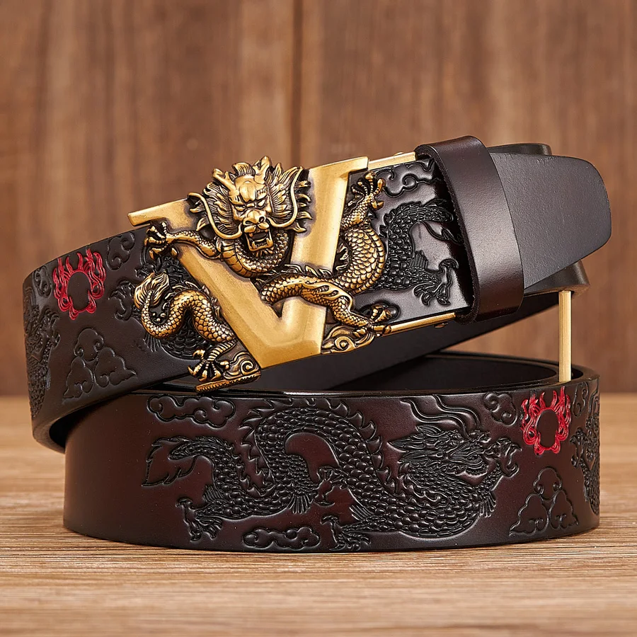 Male Chinese Dragon Belt Cowskin Genuine Leather Belt for Men Carving Dragon Pattern Automatic Buckle Belt Strap