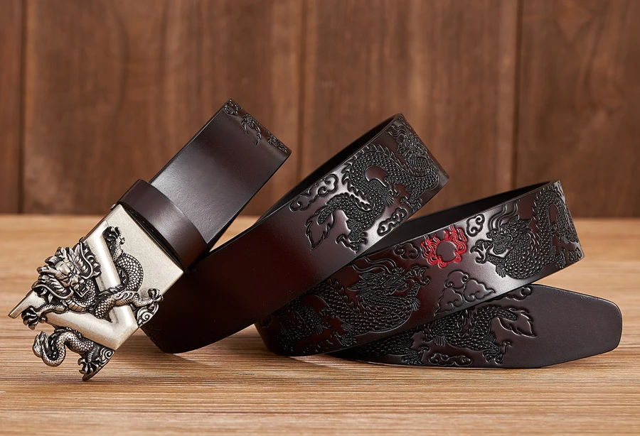 Male Chinese Dragon Belt Cowskin Genuine Leather Belt for Men Carving Dragon Pattern Automatic Buckle Belt Strap