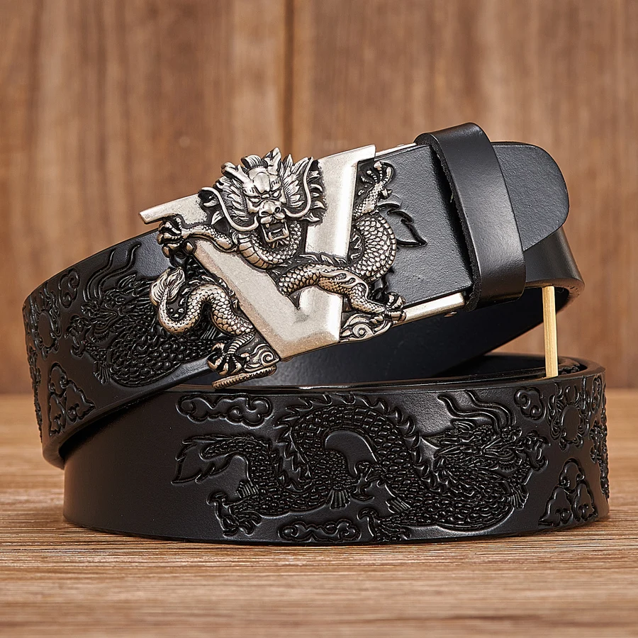 Male Chinese Dragon Belt Cowskin Genuine Leather Belt for Men Carving Dragon Pattern Automatic Buckle Belt Strap