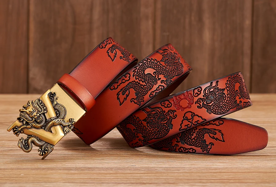 Male Chinese Dragon Belt Cowskin Genuine Leather Belt for Men Carving Dragon Pattern Automatic Buckle Belt Strap