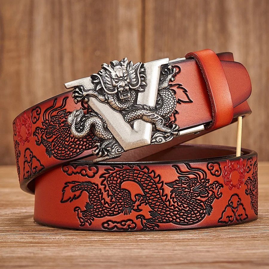 Male Chinese Dragon Belt Cowskin Genuine Leather Belt for Men Carving Dragon Pattern Automatic Buckle Belt Strap