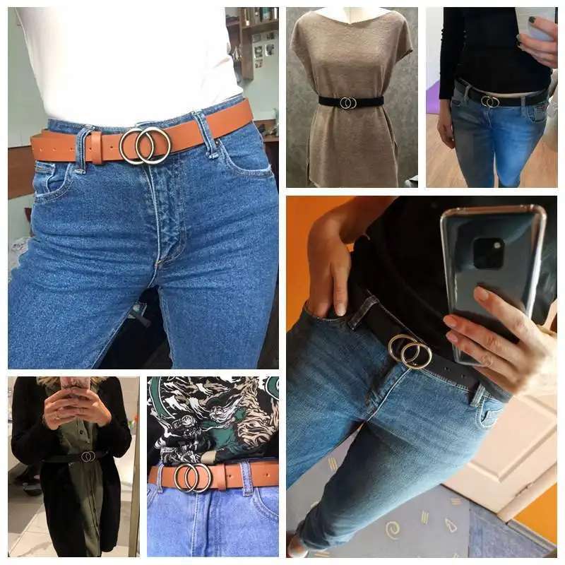 Double Ring Belts For Women Fashion Dress Jeans Belt PU Leather Metal Buckle Heart Pin Waist Belts Lady Girls Leisure Waistband